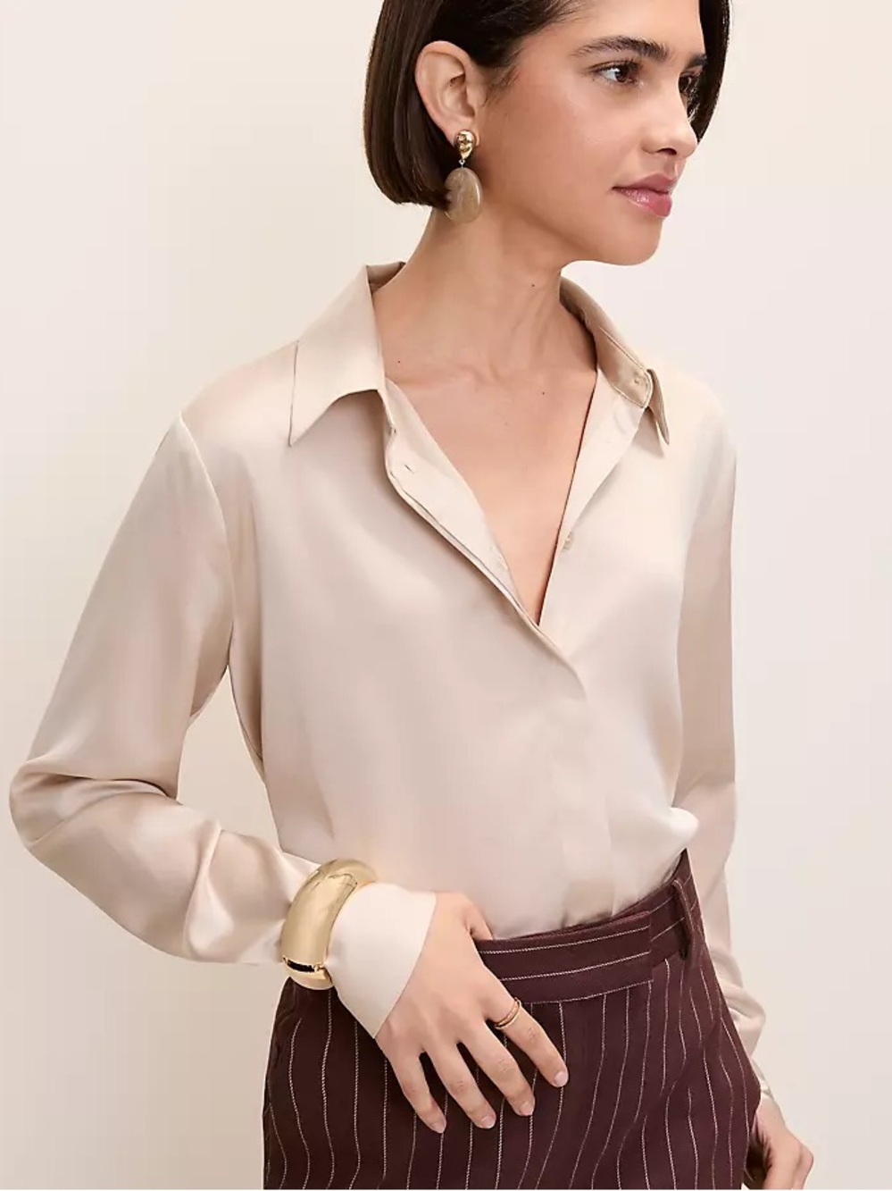 Ann Taylor Champagne Satin Button-Down Blouse